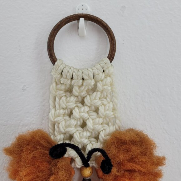 Macrame Wall Hanger with Brown Wood Hoop Off White w Rust Orange Butterfly Towel - Picture 2 of 15
